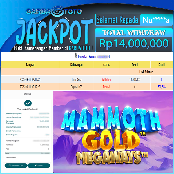 JACKPOT DI PERMAINAN SLOT MAMMOTH GOLD MEGAWAYS WD Rp14.000.000,- DIBAYAR LUNAS GARDATOTO 