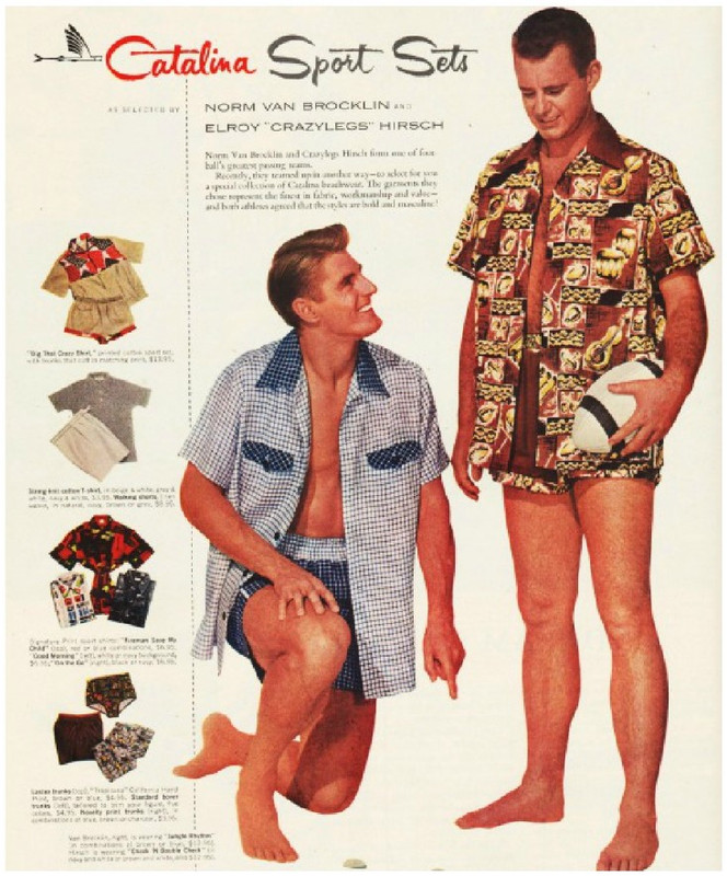An advertisement from the 1950s for Catalina Sport Sets showing two men in cabana suits