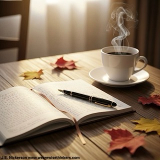 “Steaming cup of coffee on a desk next to an open book with a pen, representing a peaceful writing break and creative reset.”