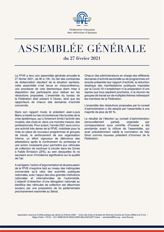 Compte-rendu A.G. FFVE 2021