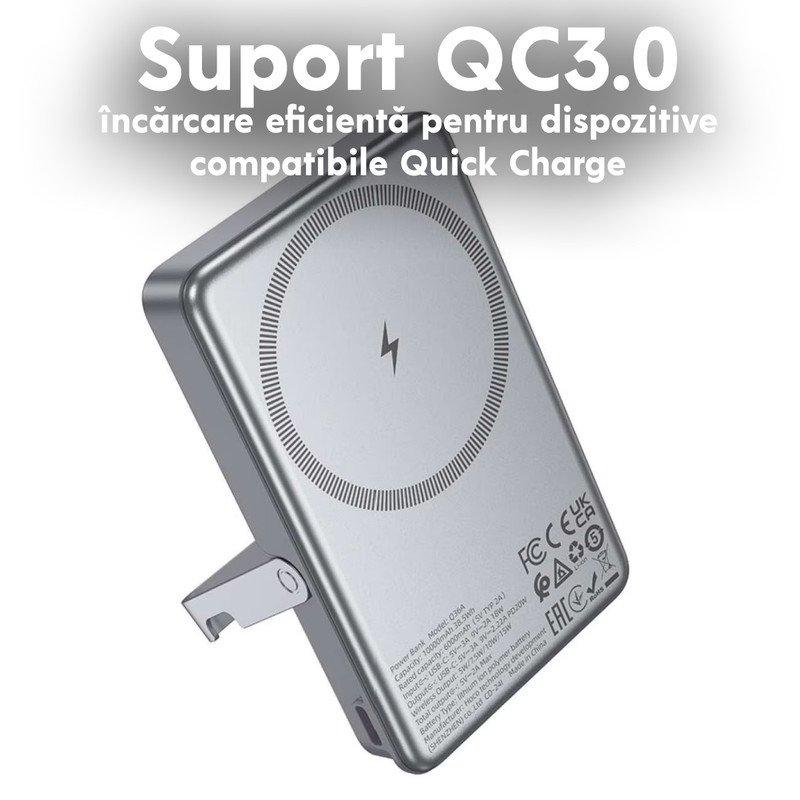 Baterie externa cu incarcare wireless Hoco Q36A, 20W, 1xUSB-C, 1xUSB, PD, QC3.0, 5000mAh, Incarcare rapida, Gri baterie hoco q36a sunlight functie magsafe 10 000 mah pd usb c 20 w suport si afisaj led 4