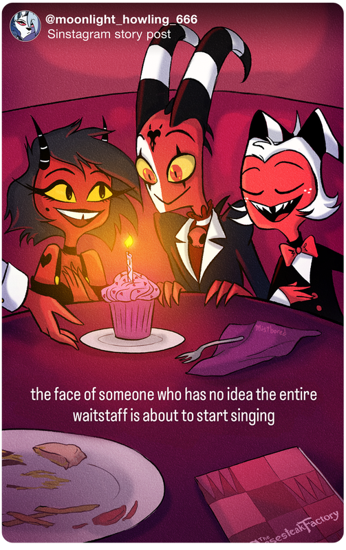 Screenshot of Loona's Sinstagram post of Blitz, Millie, and Moxxie at the restaurant