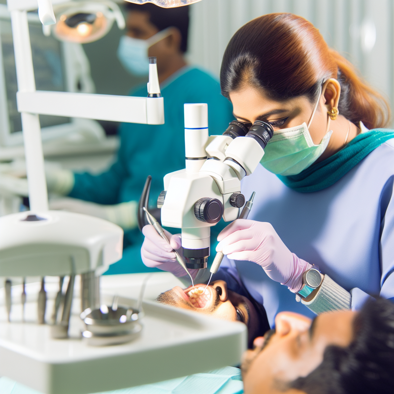 Dentist performing root canal under microscope at WL Clinic, Moscow. High-precision dental treatment with modern equipment.