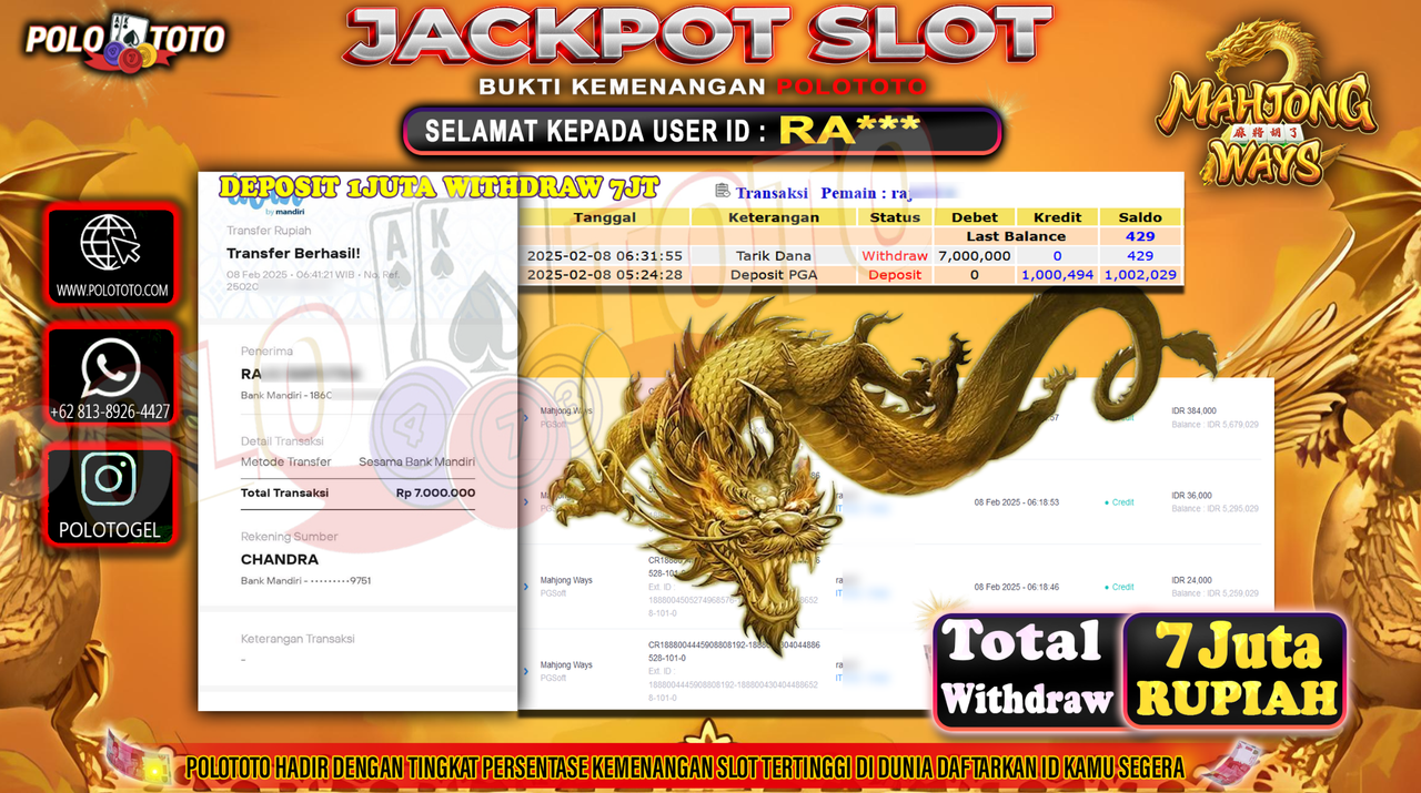 POLOTOTO JACKPOT SLOT MAHJONG WAYS Rp.7,000.000,-