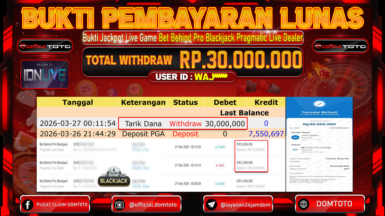 JACKPOT LIVEGAMES Bet Behind Pro Blackjack Pragmatic Live Dealer 27 MARET 2026