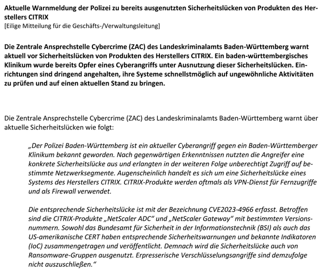 BWKG-Mitteilung 570/2023 vom 30. November 2023 an alle Geschäftsführer in Krankenhäuser und Rehabilitationseinrichtungen in Baden-Württemberg 