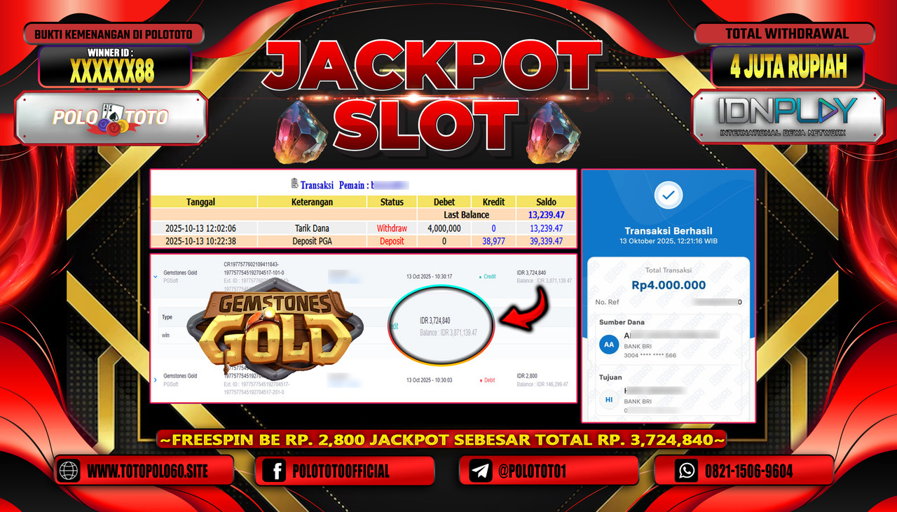 POLOTOTO JACKPOT SLOT GEMSTONES GOLD Rp.4.000.000,- LUNAS