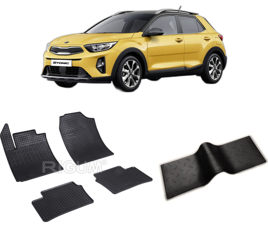 Set covorase auto KIA STONIC din 10.2017-PREZENT, cu covoras tunel median, CAROSERIE SUV INCLUSIV FACELIFT, Presuri cauciuc 100%, compatibil cu autoturismul KIA STONIC, Rigum