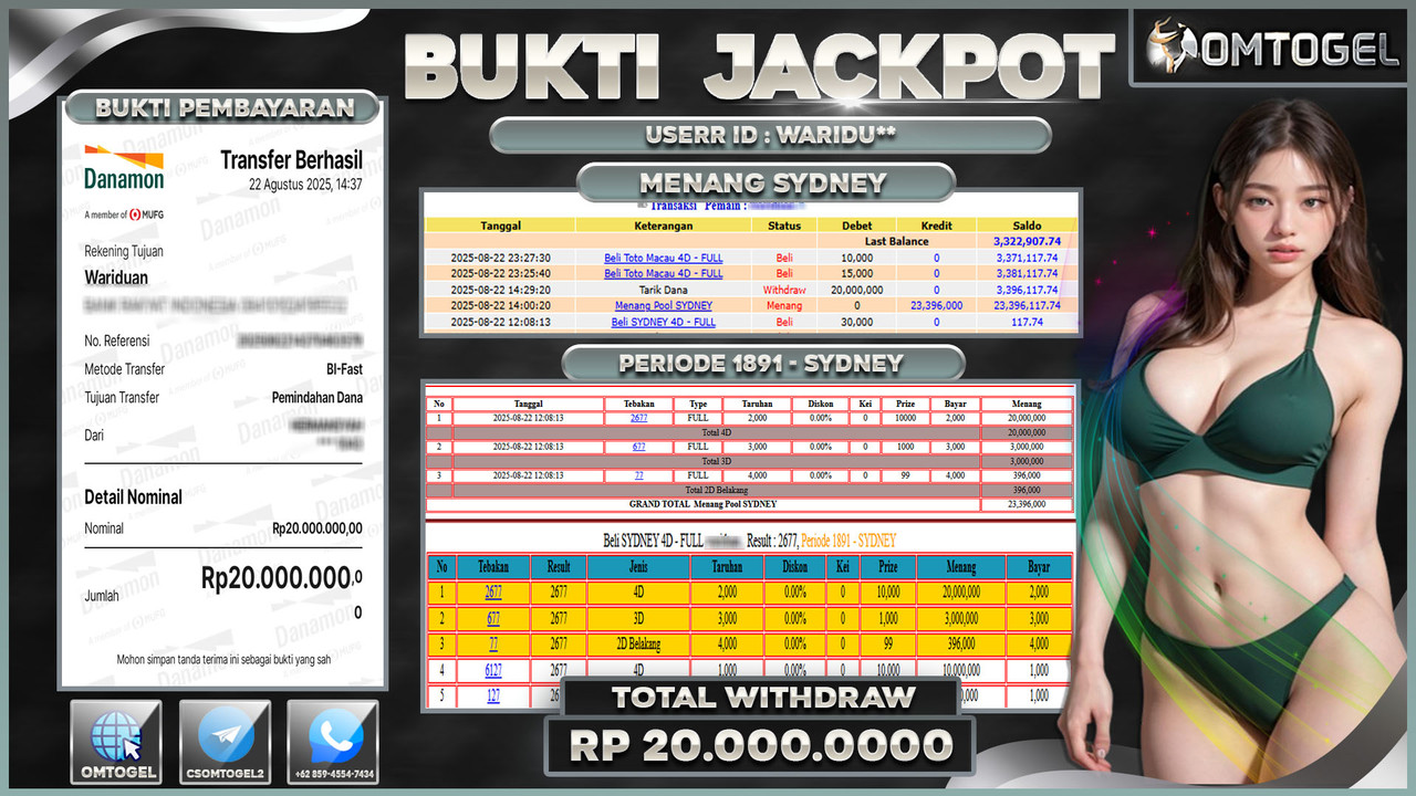 OMTOGEL JACKPOT SYDNEY 4D 3D 2D 20 JUTA DI BAYAR LUNAS ,-