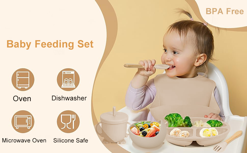 Set 10 piese hranire bebe, diversificare, silicon, baveta, farfurie, bol cu ventuza, lingurita si furculita, cana gustari, lingurita de lemn, si furculita de lemn, fara alergeni, ceasca dreapta, Roz. - Igiena si ingrijire - atMag.ro