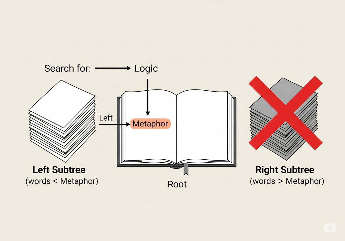 An open dictionary, illustrating how a BST is organized.