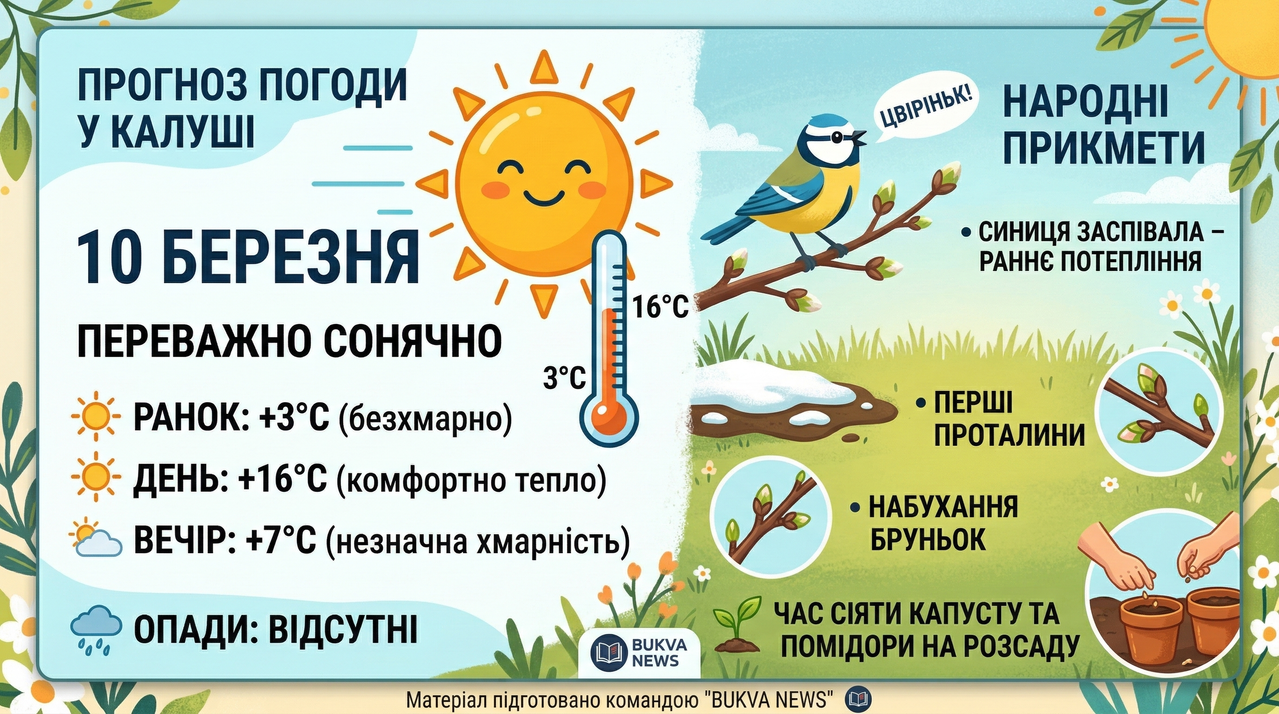Детальний прогноз погоди на 10 березня у Калуші