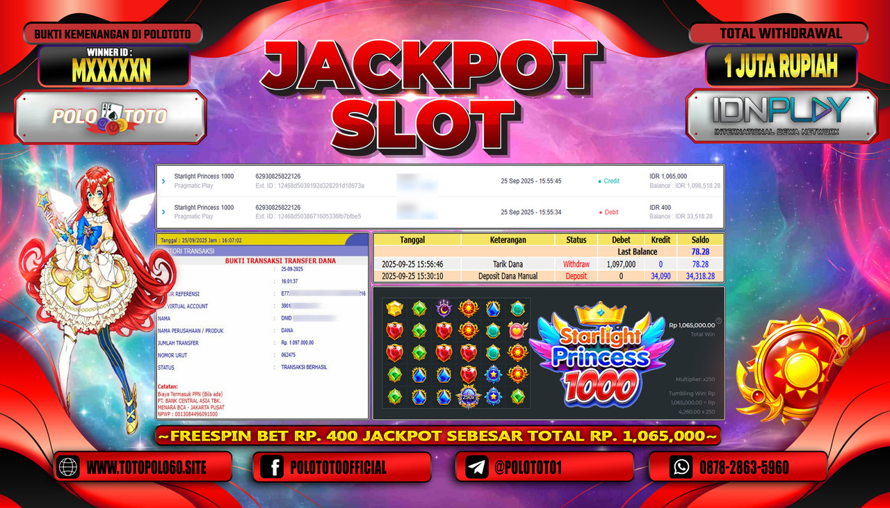 POLOTOTO JACKPOT SLOT STARLIGHT PRINCESS 1000 Rp.1.000.000,- LUNAS