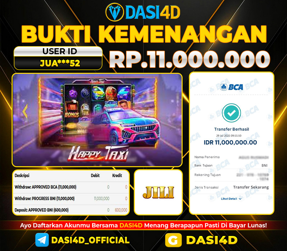 BUKTI KEMENANGAN 29 JULI 2025 DI HAPPY TAXI RP   11.000.000