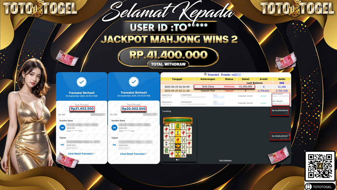 Bukti Pembayaran Jackpot Permainan Slot Mahjong Wins 2 ID:TO*** LUNAS