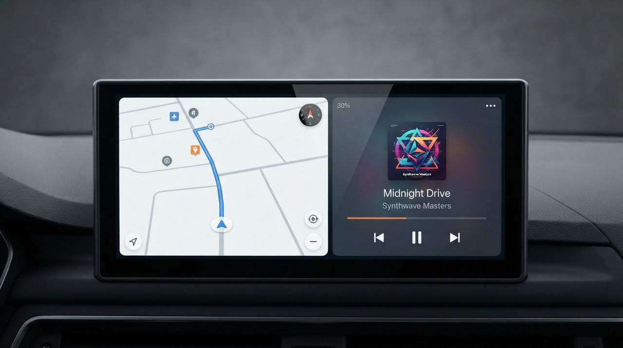 Der Carlinkit Ultra Split-Screen hält Navigation und Musik während der Fahrt gemeinsam auf dem Autoradio sichtbar.