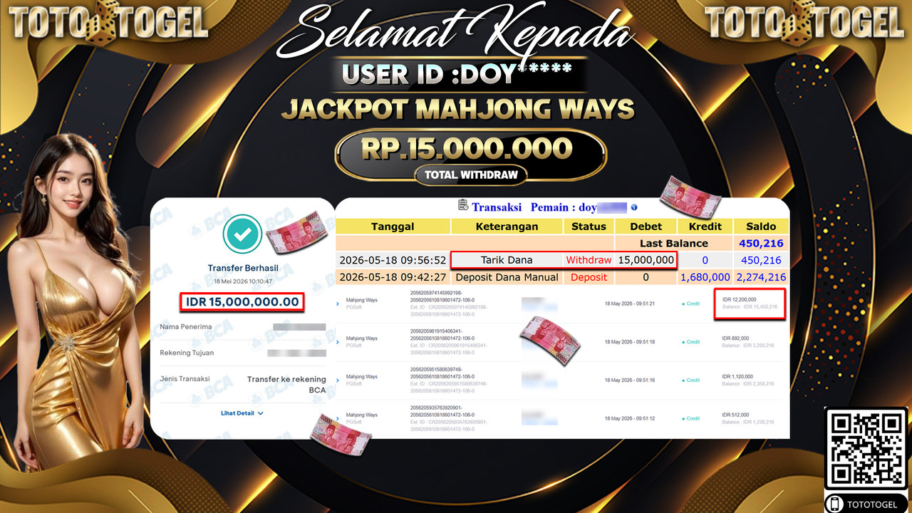 Bukti Pembayaran Jackpot Permainan Slot Mahjong Ways ID:DOY***** LUNAS