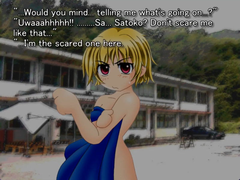 a still image from the original higurashi visual novel. Satoko is on the screen naked except for a large towel. She says “ ...Would you mind... telling me what's going on..?” Keiichi says

