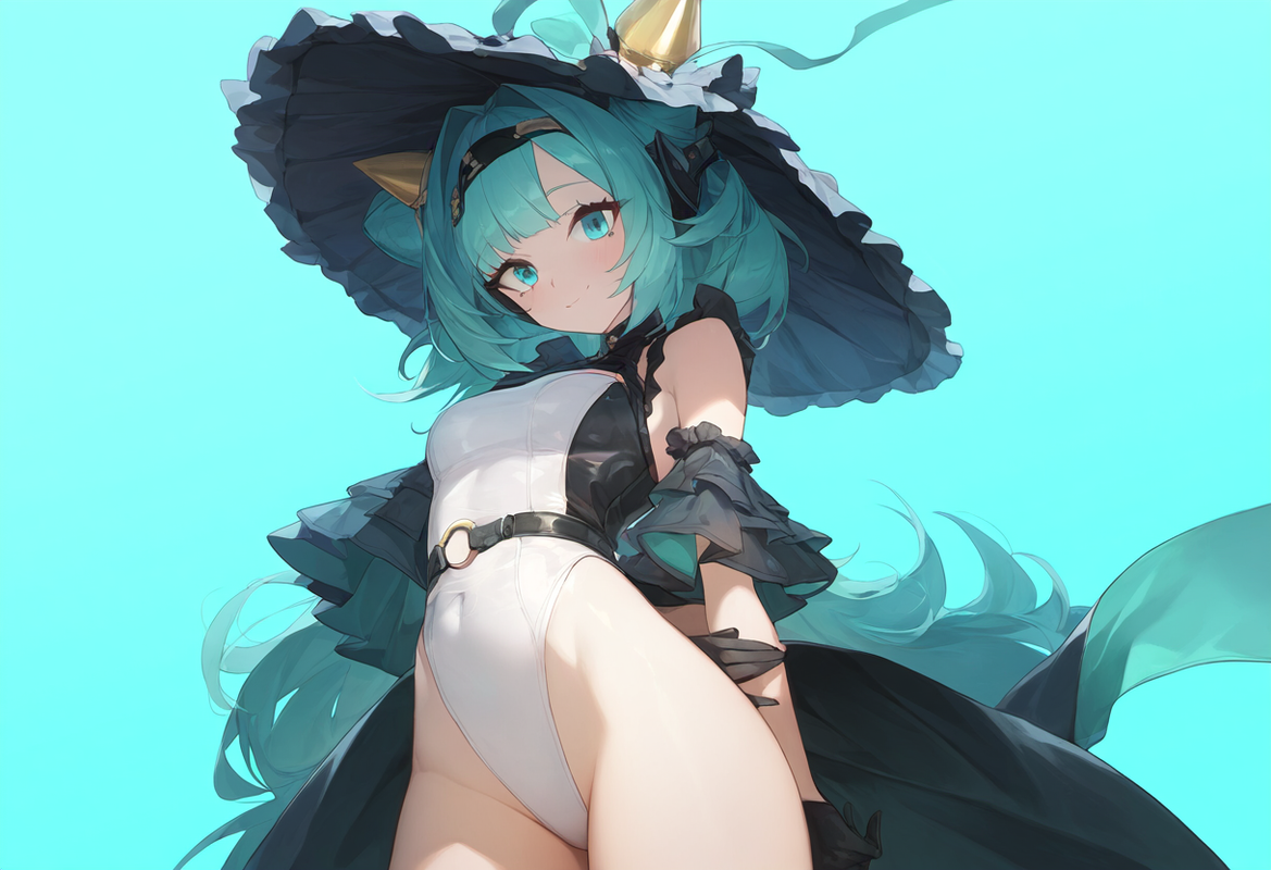 1girl, light blue background, from below, cowboy shot, aqua eyes, big hair, cone s-4077581147