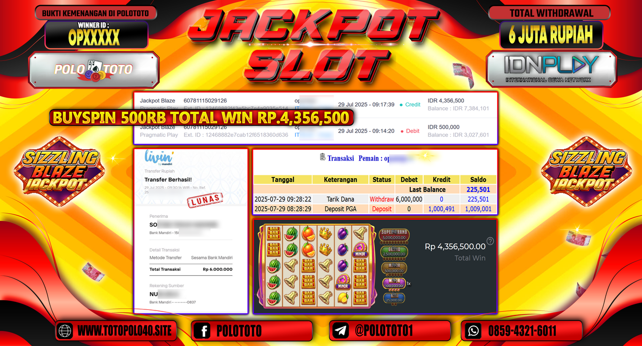 POLOTOTO JACKPOT SLOT JACKPOT BLAZE Rp.6.000.000,-LUNAS