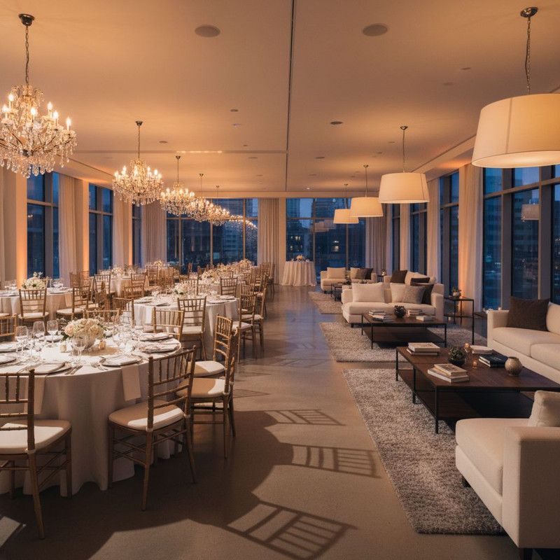 Различные виды мебели для мероприятий: банкетные столы, стулья и мягкая лаунж-зона в интерьере современного зала.