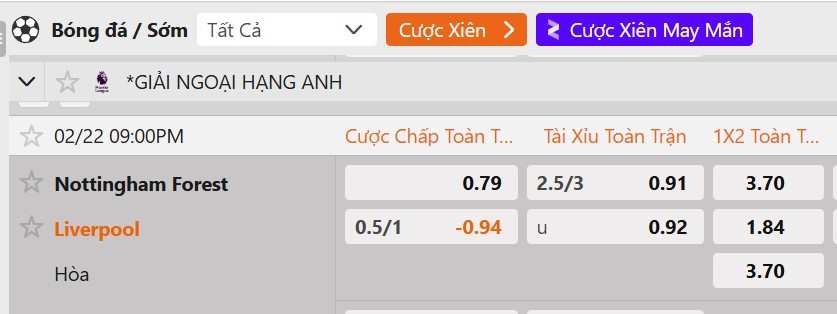 Tỷ lệ kèo Nottingham vs Liverpool