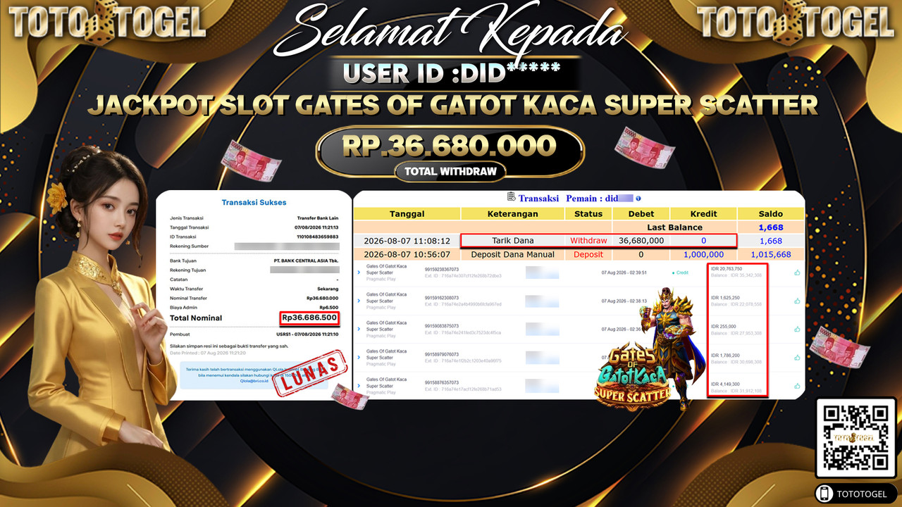 Bukti Pembayaran Jackpot SLOT GATES OF GATOT KACA SUPER SCATTER ID:DID**** LUNAS