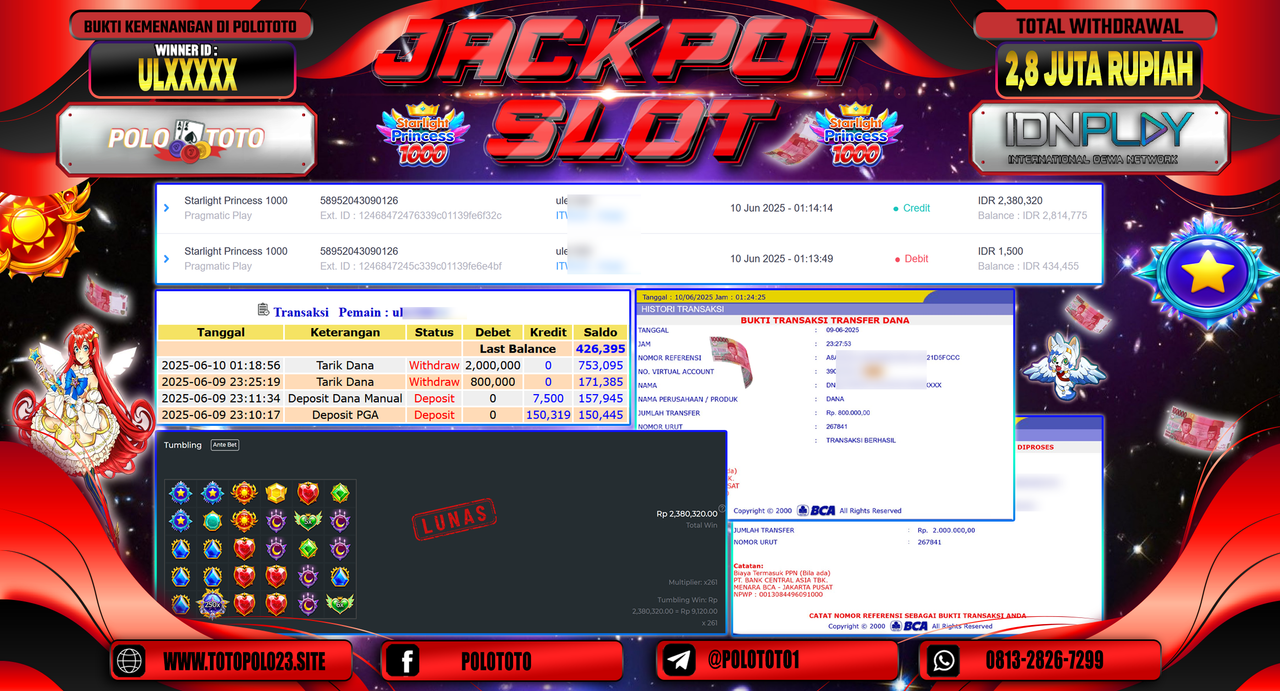 POLOTOTO JACKPOT SLOT STARLIGHT PRINCESS 1000 Rp.2.800.000,-