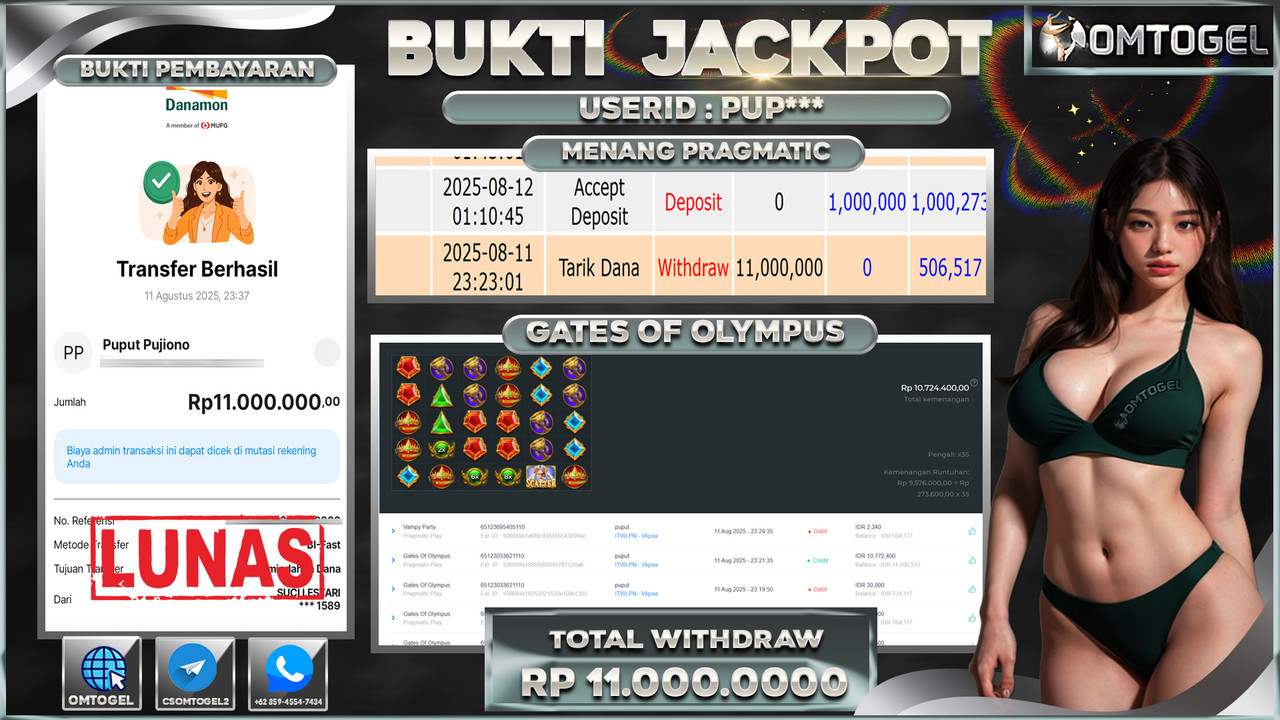 OMTOGEL JACKPOT PRAGMATIC PLAY GATES OF OLYMPUS 11 JUTA DI BAYAR LUNAS ,-