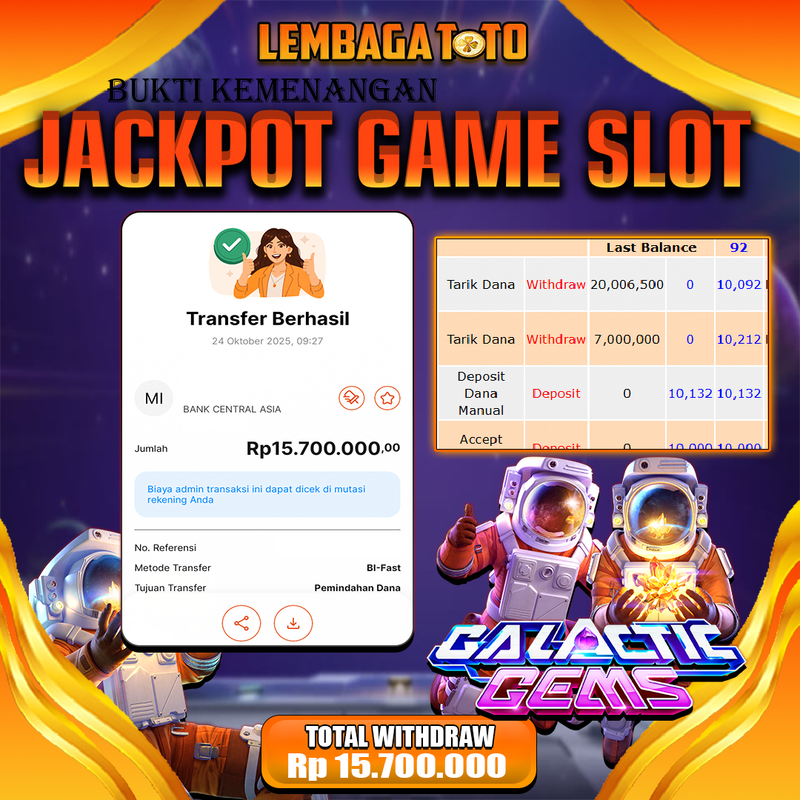 BUKTI JACKPOT 25 OCTOBER LEMBAGATOTO GALACTIC GEMS Rp.15.700.000,- LUNAS