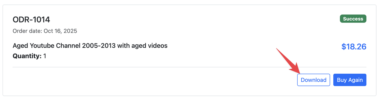 Order details page showing purchased account credentials with download button