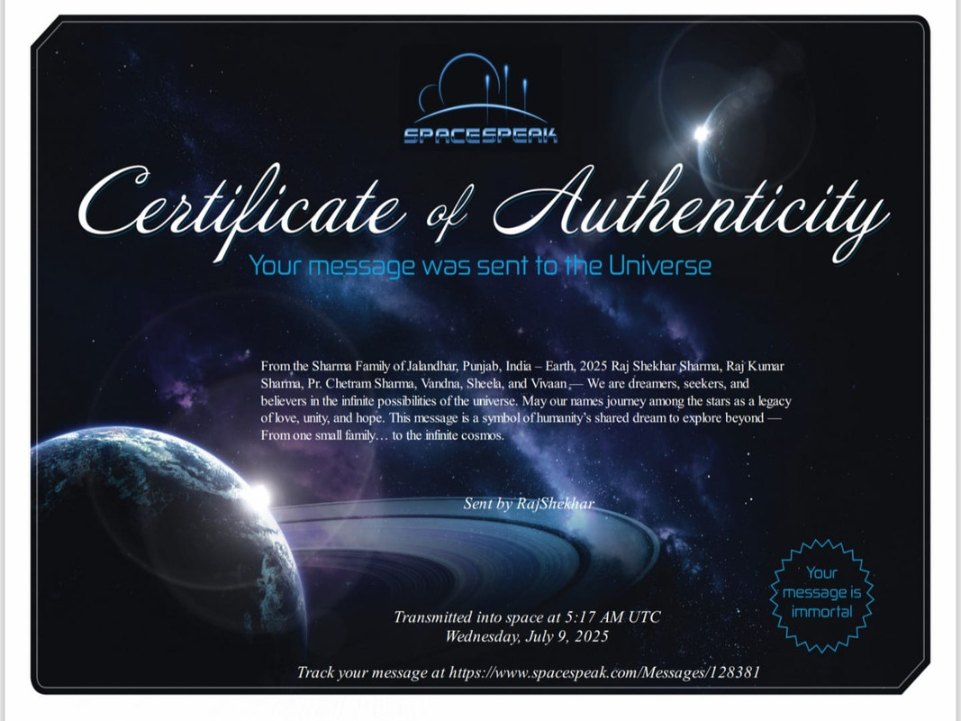 Raj Shekhar Sharma's Certificate of authenticity by Spacespeak