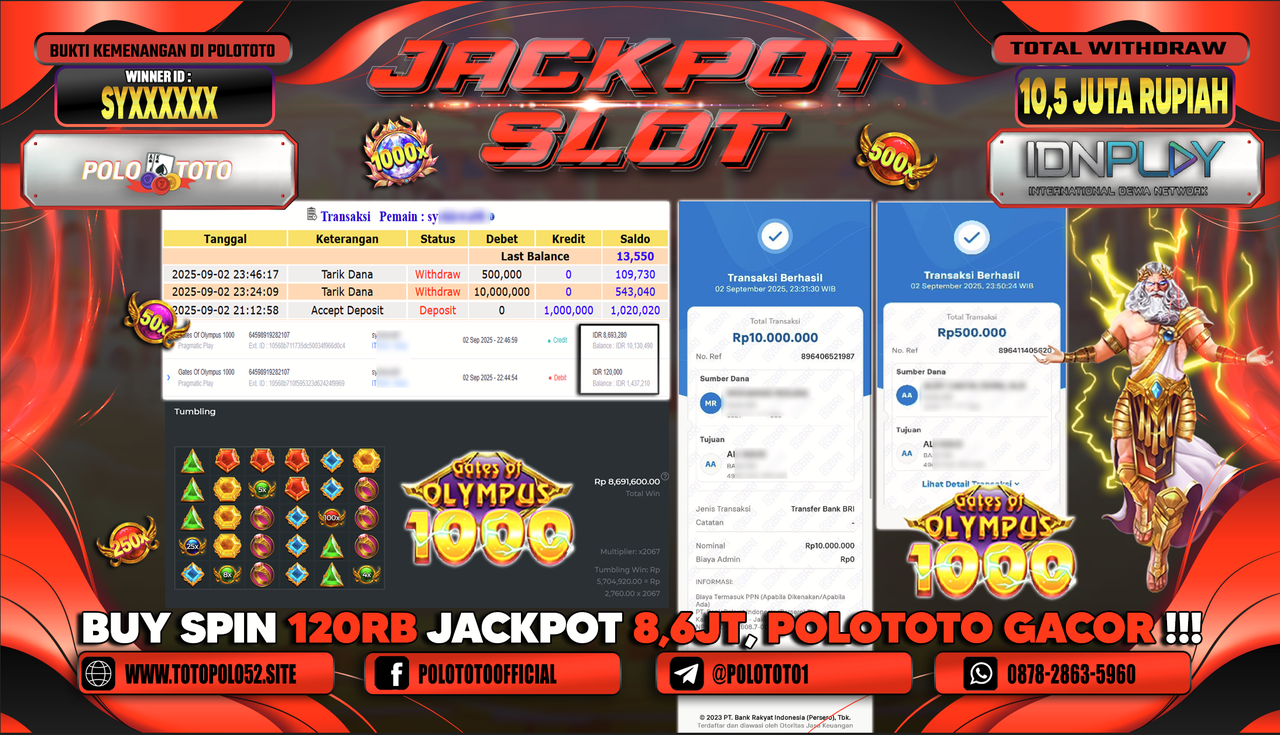 POLOTOTO JACKPOT SLOT GATES OF OLYMPUS 1000 Rp.10.500.000,-