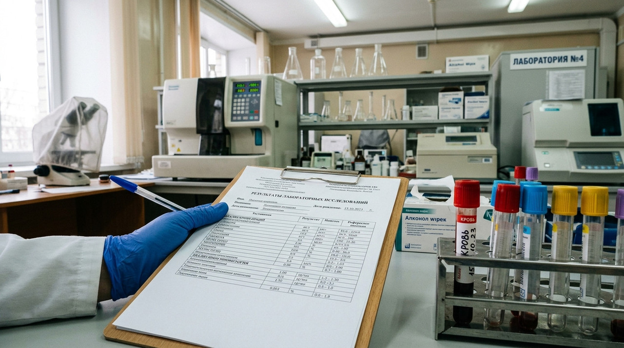 Лаборант держит планшет с результатами медицинских анализов