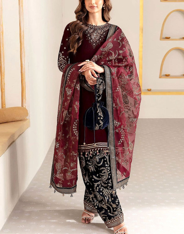 Trendy Embroidered 9000 Micro Velvet Party Suit 2026 | Emb. Organza Dupatta & Silk Trouser