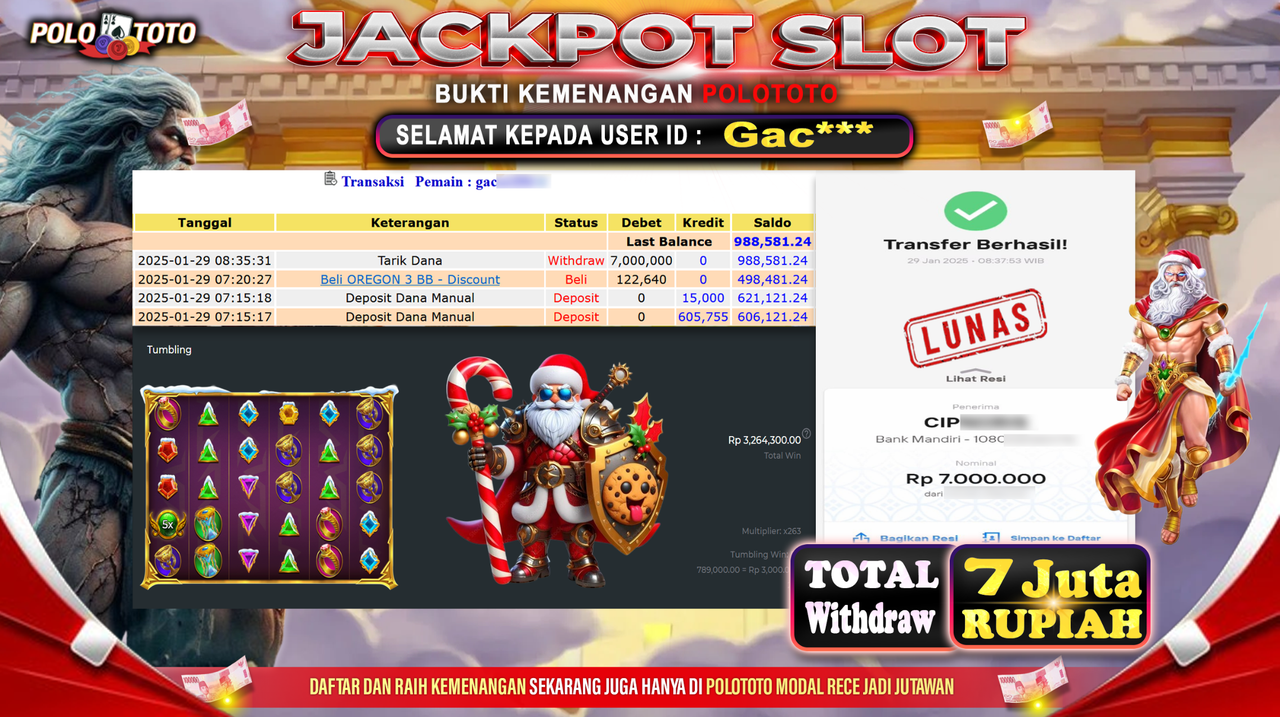 POLOTOTO JACKPOT SLOT GATES OF OLYMPUS XMAS 1000 Rp.7,000.000,-