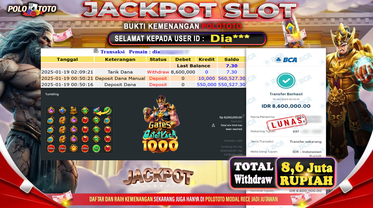 POLOTOTO JACKPOT SLOT GATES OF GATOTKACA 1000 Rp.8,600.000,-