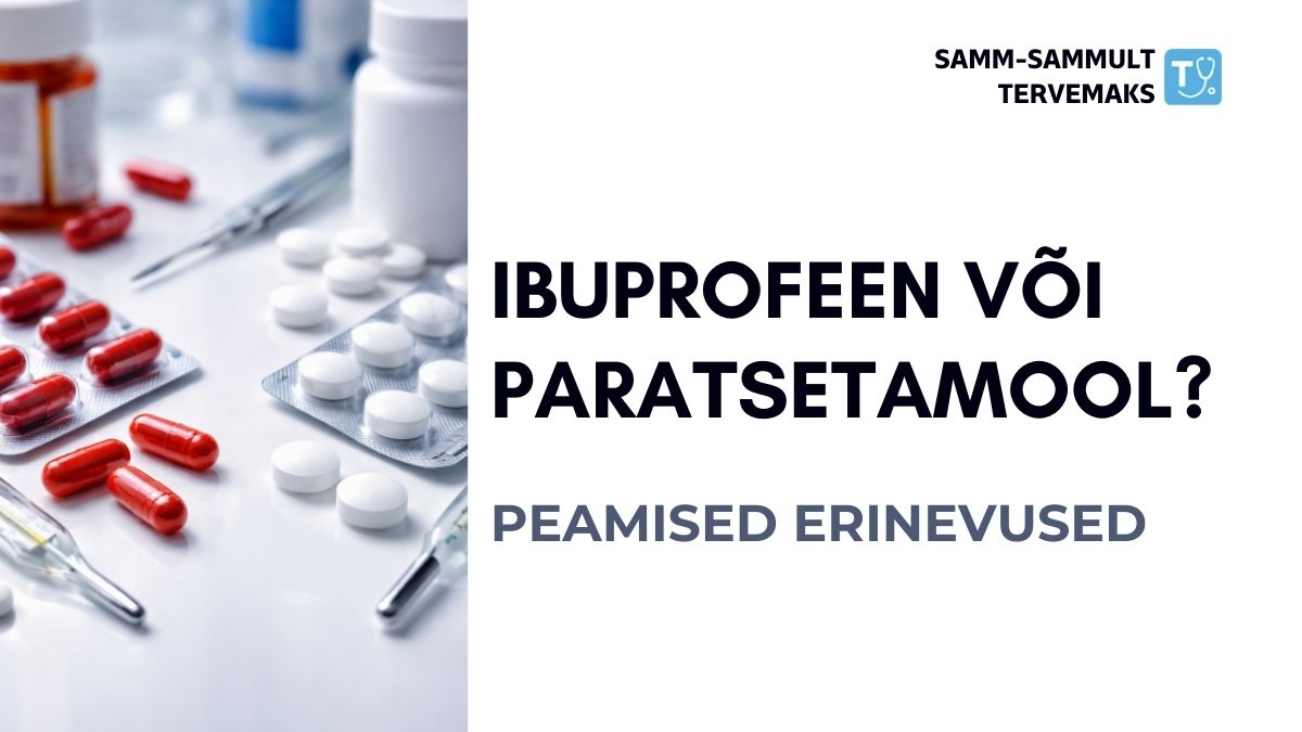 Visuaalne võrdlus ibuprofeeni ja paratsetamooli tablettidest ning kapslitest meditsiinilisel taustal