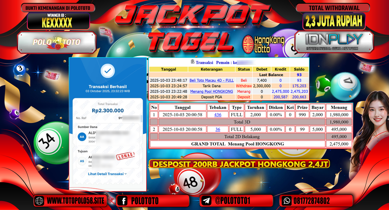 POLOTOTO JACKPOT TOGEL HONGKONG LOTTO Rp.2.300.000,- LUNAS