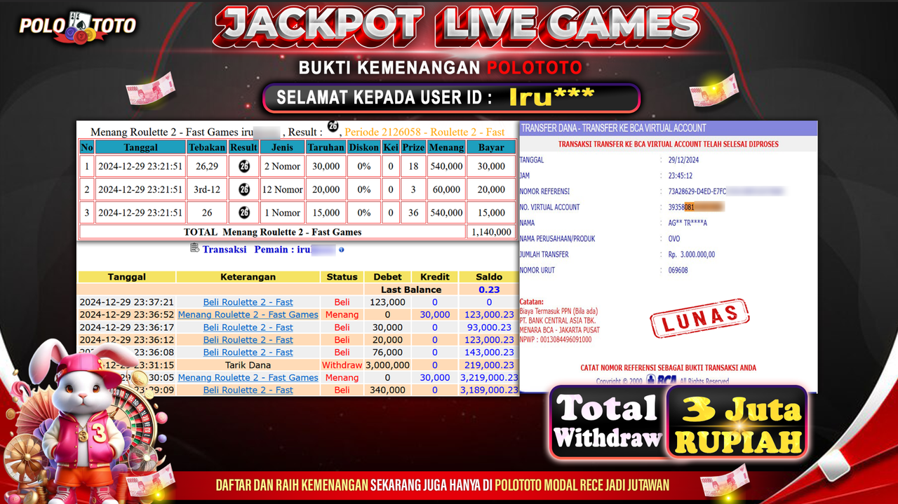 POLOTOTO JACKPOT LIVE GAMES ROULETTE 2 Rp.3,000.000,-
