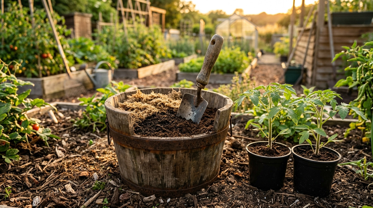 Смешивание торфа, перегноя и компоста в ведре на огороде с лопатой и готовыми порциями для томатов