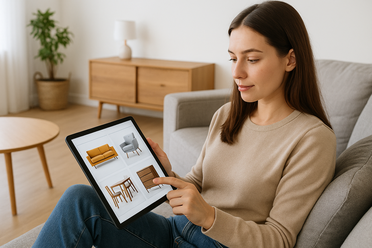 devushka-vybiraet-mebel-na-planshete-sidya-doma