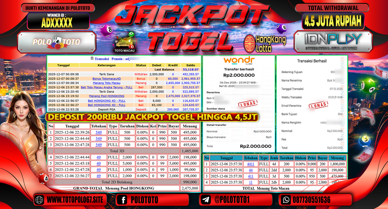 POLOTOTO JACKPOT TOGEL MENANG HONGKONG LOTTO DAN MENANG TOTO MACAU Rp.4.500.000,- LUNAS