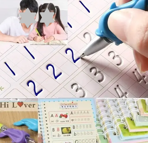 Magic Book (4 Book + 10 Refill + 1 Pen +1 Grip), Practice Copybook, Number Tracing Book for Preschoolers with Pen, Caligraphy early learning Set with Reusable Writing Refill Color 1 (T101)