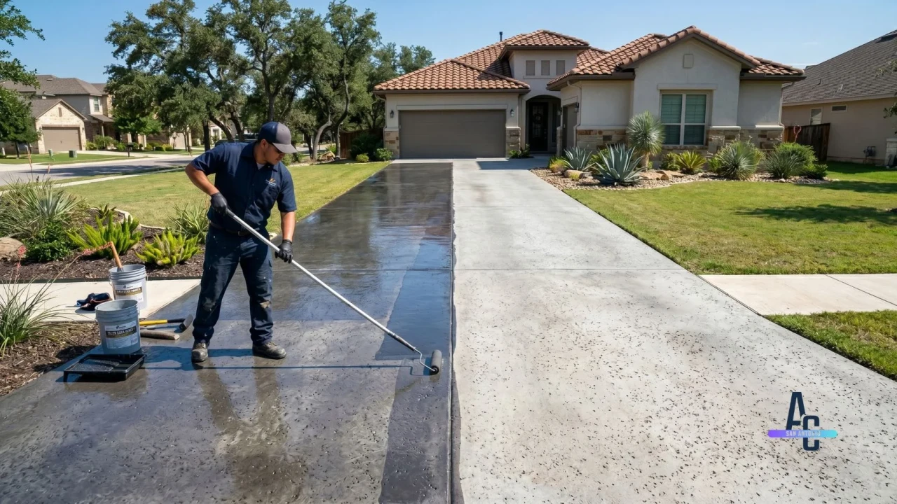 Low maintenance concrete driveway being sealed in San Antonio