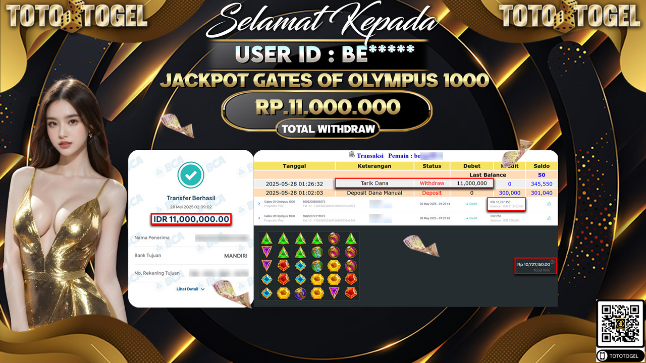 Bukti Pembayaran Jackpot Permainan Slot Gates Of Olympus 1000 ID:BE***** LUNAS