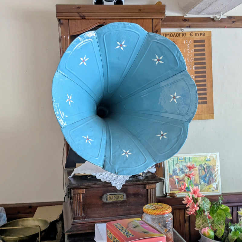 A bright blue phonograph
