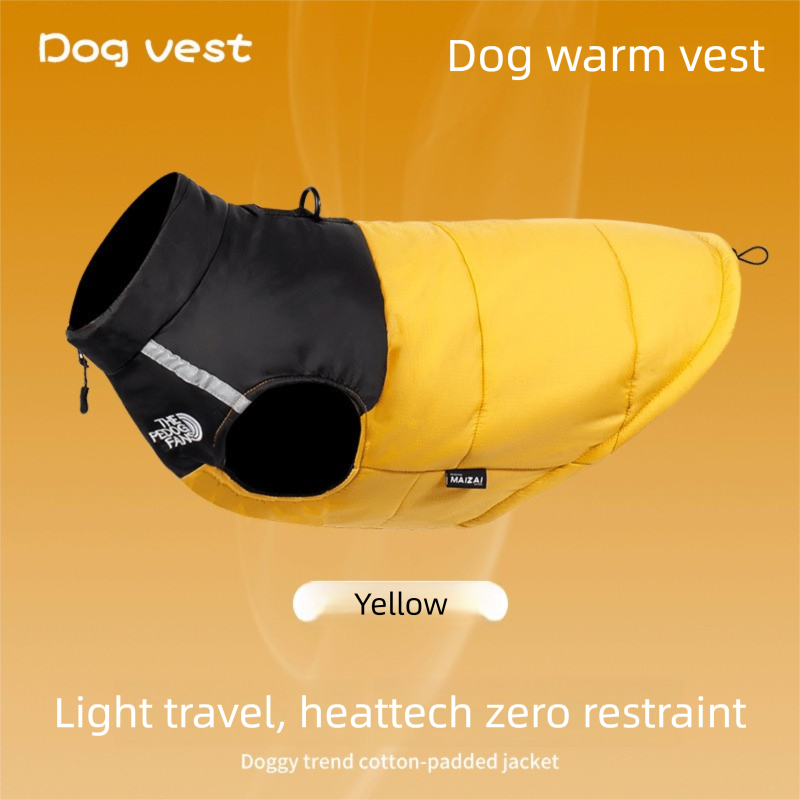 Yellow M Size Dog Clothing — Warm, Thickened Cotton Jacket for Autumn & Winter; Waterproof Pet Vest — Reflective Safety Design, Leash-Compatible