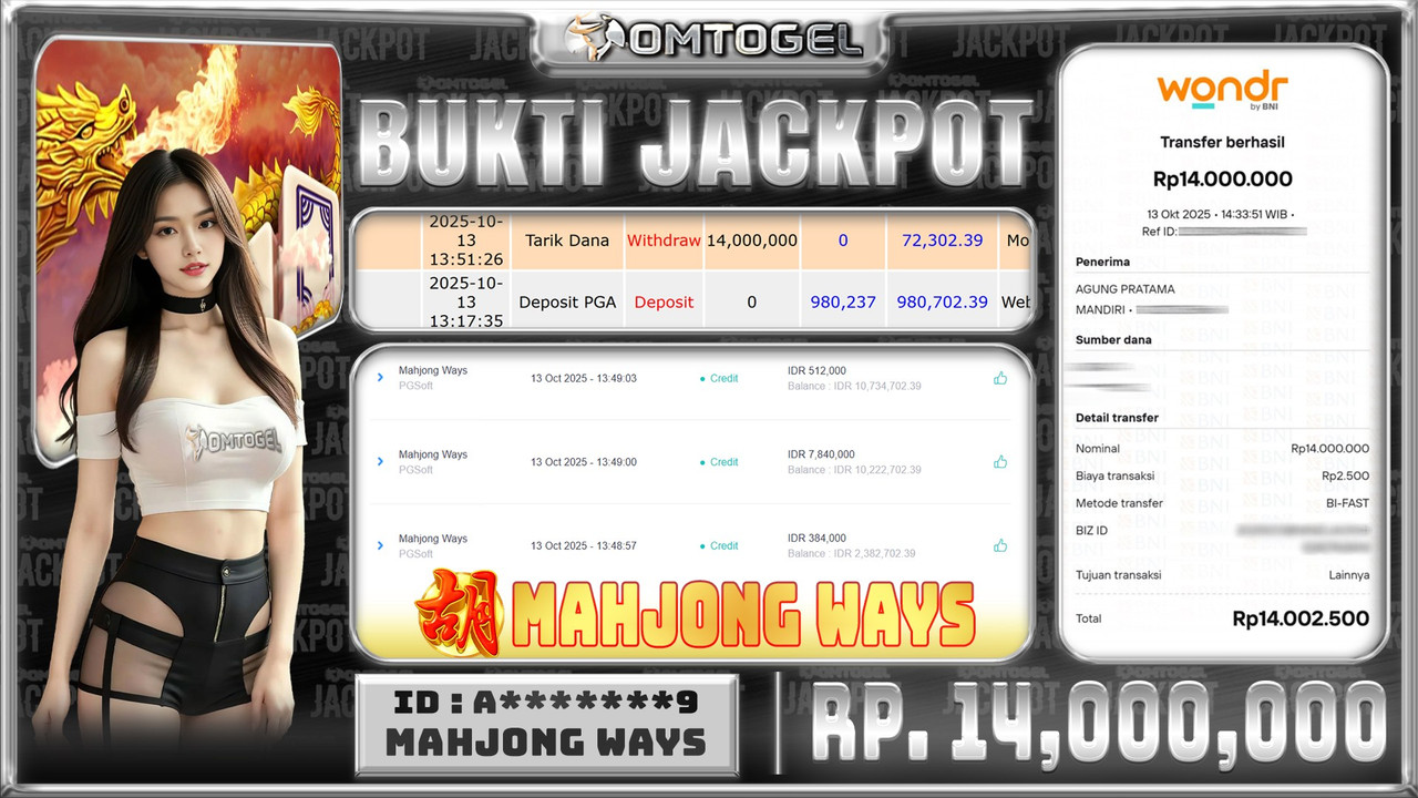 OMTOGEL JACKPOT PGSOFT MAHJONG WAYS 14 JUTA DI BAYAR LUNAS ,-