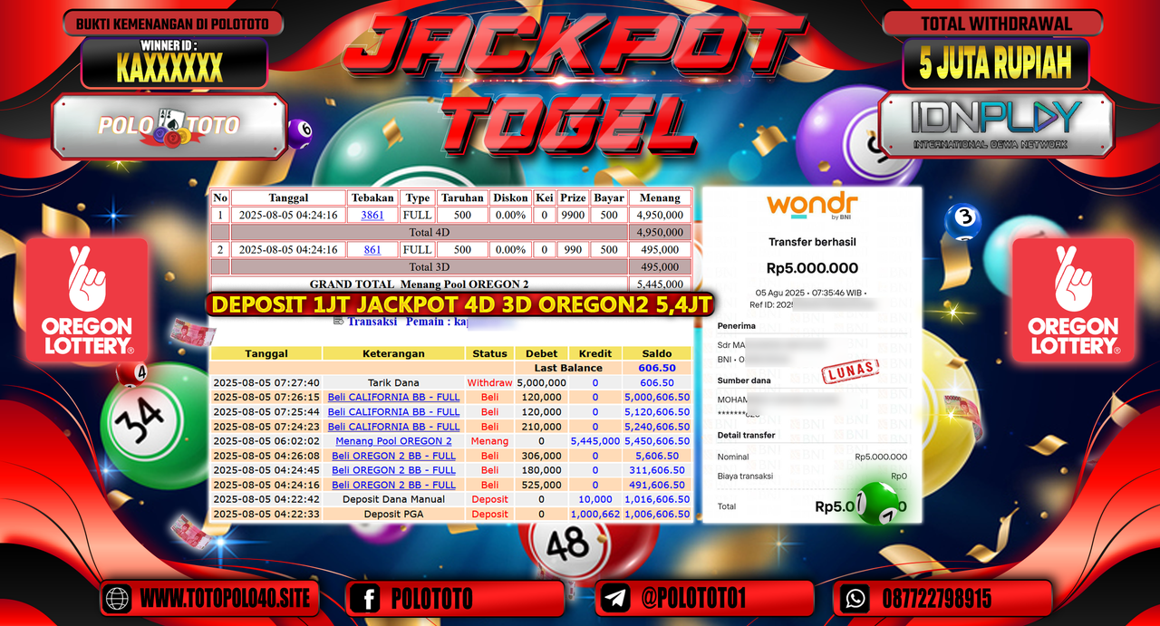 POLOTOTO JACKPOT TOGEL OREGON 2 Rp.5.000.000,- LUNAS